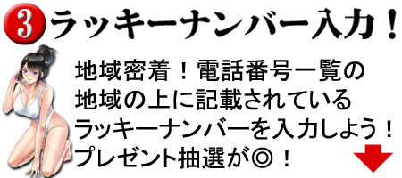 【ラッキーナンバーを入力！】地域密着！電話番号一覧の地域の上に記載されているラッキーナンバーを入力しよう！プレゼント抽選が◎！